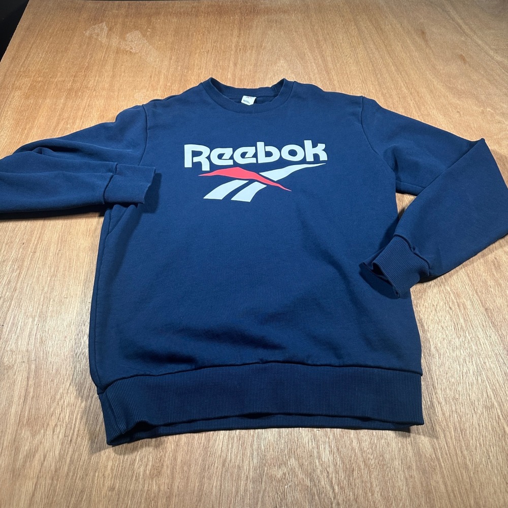 Reebok Sweatshirt Men M Blue Vector Logo Pullover Graphic Crew Neck Athleisure